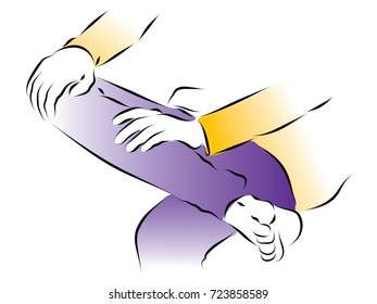 hand holds a leg, an ankle, a knee. Pain in the knee joint. Colored vector illustration of knee pain, arthrosis, bruise, injury.