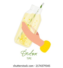 Hand holds lemonade bottle ith drinking straw. Detox time text with smoothie cup. Healthy Fresh energetic drink. Isolated vector illustration on white background. Detox shake for healthy eating