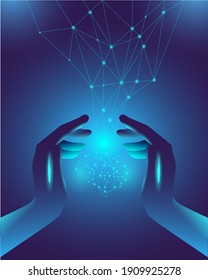 The hand holds a levitating neural network in the form of a brain.Vector template for a vertical banner