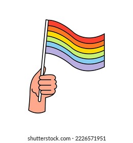 Hand holds lgbt flag doodle icon.