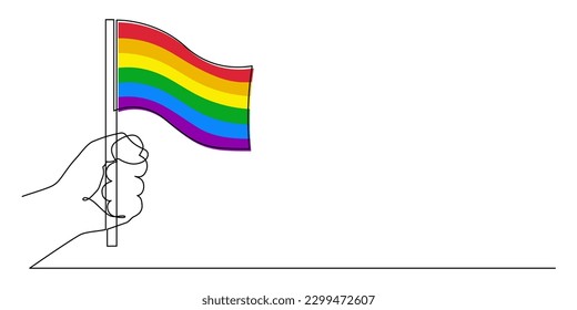 Hand holds LGBT  flag rainbow one line art,hand drawn pride month decoration continuous contour.People's rights movement,diversity love time,outline design.Editable stroke.Isolated.Vector illustration