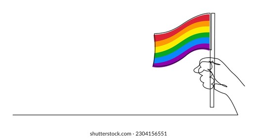 Hand hält LGBT Flag Regenbogen eine Linie Kunst, handgezeichnet Stolz Monat Dekoration kontinuierliche Kontur.Bewegung der Menschen Rechte, Vielfalt Liebe Zeit, Umriss Design.Bearbeitbarer Strich.Einzelne.Vektorgrafik