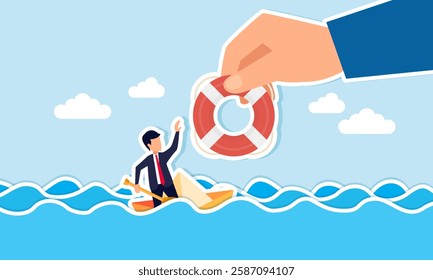 A hand holds a lifebuoy intending to save a businessman sinking with a boat in the middle of the ocean, illustration of rescuing a business partner from bankruptcy