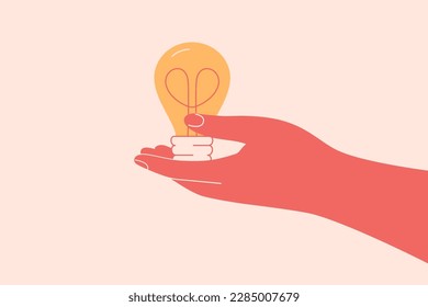 Hand holds light bulb. Human Hand gives to someone lamp with heart inside of it. Concept of creativity business ideas and solutions . Vector illustration