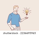 Hand holds a light bulb. Idea creative inspiration concept. Hand drawn style vector design illustrations.