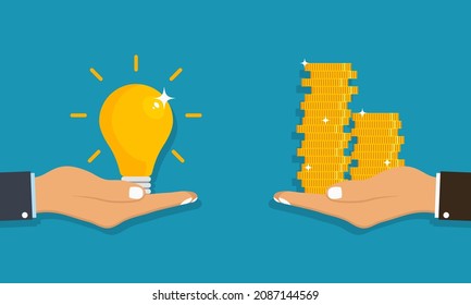 Hand holds light bulb with idea and giving receiving golden coins from other hand. Concept for business idea sell, buyer and customer. Vector illustration.