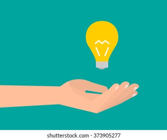 Hand holds a light bulb. Idea creative inspiration concept. Isolated vector illustration flat design