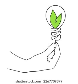 Mano sostiene bombilla de luz con hojas, una línea de arte, contorno continuo dibujado a mano.Concepto de energía verde.Signo de amigabilidad ambiental.Decoración para carteles, afiches.Acto editable.Aislado