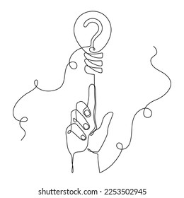 Hand holds light bulb with question mark one line art, hand drawn asking continuous contour. Minimalistic art drawing,sign of scientific discovery. Editable stroke. Isolated. Vector illustration