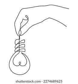 Hand holds light bulb with question mark one line art, hand drawn asking continuous contour. Minimalistic art drawing,sign of scientific discovery. Editable stroke. Isolated.Vector illustration