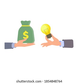 Hand holds light bulb, symbol of idea. The other hand holds a bag of money in the palm of one hand. Concept: sell an idea, a profitable offer, a business solution. Vector illustration, flat cartoon.