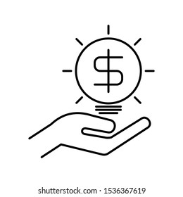 Hand holds light bulb with US Dollar sign on it. Outline thin line illustration. Flat style. Isolated on white background. 