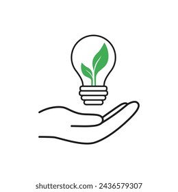 Hand holds lightbulb icon with green leaves inside. Save energy icon. Vector illustration
