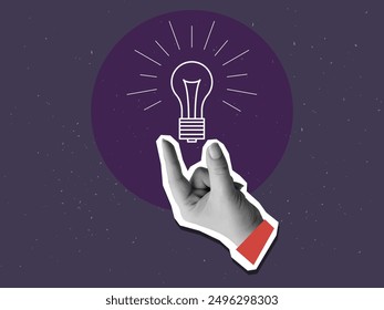 A hand holds a lightbulb. Idea concept. Modern collage vector illustration