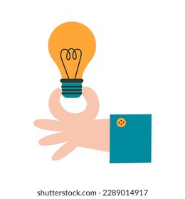 Hand holds a lightbulb. Office worker has a solution. Business idea concept. Flat vector icon.