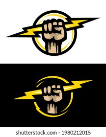 Hand holds lightning, logo on dark and light background.