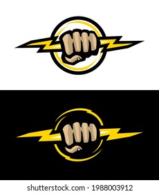 Hand holds lightning, logo on dark and light background.