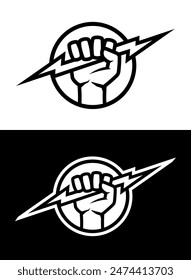 Hand holds lightning, logo on dark and light background.
