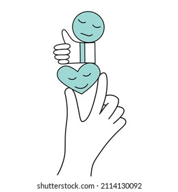 Hand holds a like signs with dreamily eyes. Like signs are balancing in the hand. Thin line vector illustration on white. The social networks concept.
