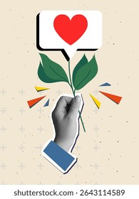 A hand holds a like tree. Modern collage style. Vector illustration