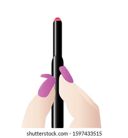 Hand holds a lip liner. Face cosmetics. Vector art