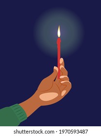 A hand holds a lit Easter candle in the dark. Light and shadows. Vector illustration.