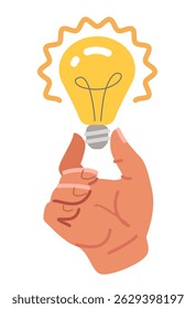 Mão segura lâmpada iluminada simbolizando inspiração ou ideia. Energia sustentável, eficiência técnica