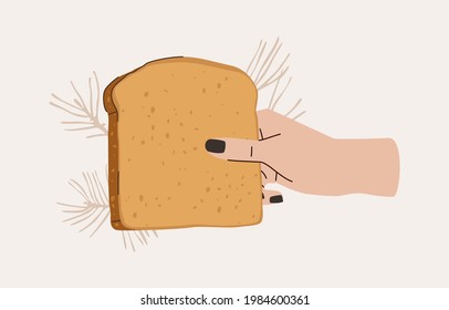 Hand holds loaf of bread vector illustration. Comic style flat design. Breakfast toast concept.