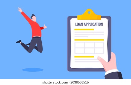 Hand holds loan approval application paper sheets document. Mortgage or credit form with stamp approved and happy person jumping behind flat style design vector illustration.