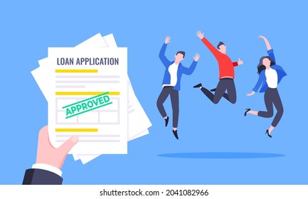 Hand holds loan approval application paper sheets document  Mortgage credit form and stamp approved   happy person jumping behind flat style design vector illustration 
