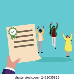 Hand holds loan approval application paper sheets document. Mortgage or credit form with stamp approved and happy person jumping behind flat style design vector illustration.