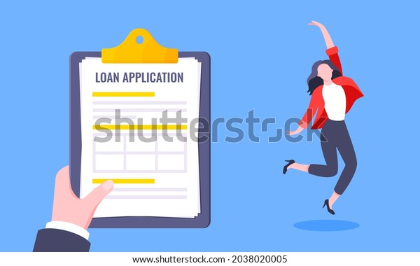 Hand holds loan\
approval application paper sheets document. Mortgage or credit form\
with stamp approved and happy person jumping behind flat style\
design vector\
illustration.