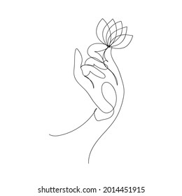 Hand holds a lotus flower hand drawn by one line. Symbol of Buddhism, Yoga, Hinduism, Spirituality. Yoga mudra. Black and white vector illustration.