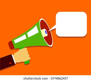 Hand holds a loudspeaker. Cartoon. Vector illustration.