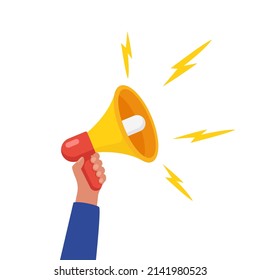 Hand holds loudspeaker with exclamation marks banner. Emergency warning loud template notification of emergency information on megaphone announcement discounts and sales promotion marketing vector.