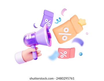 A hand holds a loudspeaker with flying coupons. Notification of sales, discounts and cashback. 3d creative vector illustration.