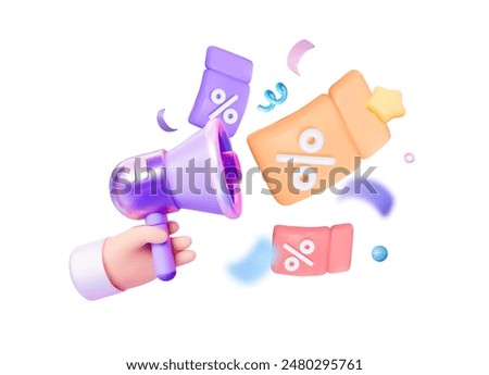 A hand holds a loudspeaker with flying coupons. Notification of sales, discounts and cashback. 3d creative vector illustration.