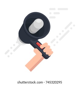 Hand holds the loudspeaker, notification of a new event concept, 3d vector illustration isolated on white background