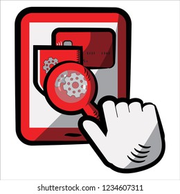Hand Holds a Loupe. Red Credit Card Tablet and Gear Shield. Sketch-Style Icon. Symbol. Sign. Stock Vector Illustration. Transparent. White Isolated.
