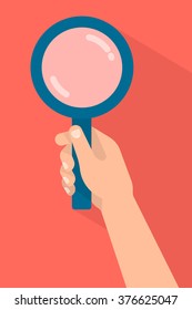 Hand holds a loupe. Research concept. Isolated vector illustration with shadow colorful background flat design.