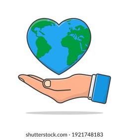 Hand Holds Love Earth Vector Icon Illustration. Earth Day Flat Icon. Save Earth