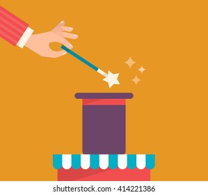A hand holds a magic wand and makes a trick with a hat. Magic show concept. Vector illustration flat design.