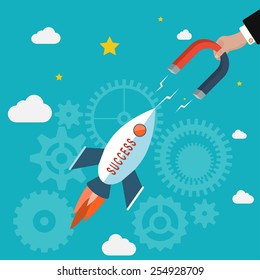 hand holds the magnet attracts the rocket with the inscription success. Graphic Design for Business Growth and Start up concept. vector illustrations.