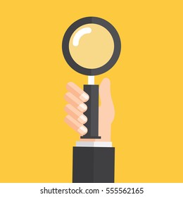 hand holds magnifier. vector illustration.