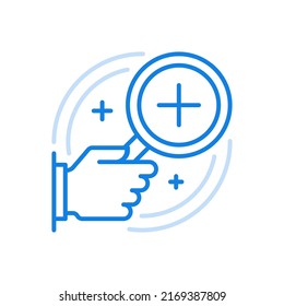 
Hand holds magnifier vector line icon. Optical enlargement text and small objects. Analysis of marketing information and banking. Detective investigation with search for necessary details.