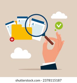 Hand holds magnifying glass and add files to big folder. User and data archive. 