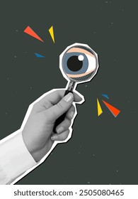 A hand holds a magnifying glass with big eye in it. Modern collage vector illustration