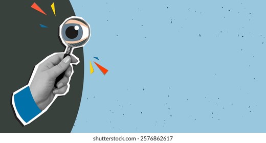 A hand holds a magnifying glass with big eye in it, place for text. Modern photo collage style. Vector illustration