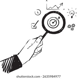 A hand holds a magnifying glass focused on key targets with intricate graphs showing valuable data insights