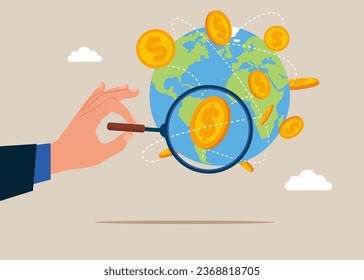 Hand holds a magnifying glass for holding search coins world financial  global money exchang. Business deal. Vector illustration.